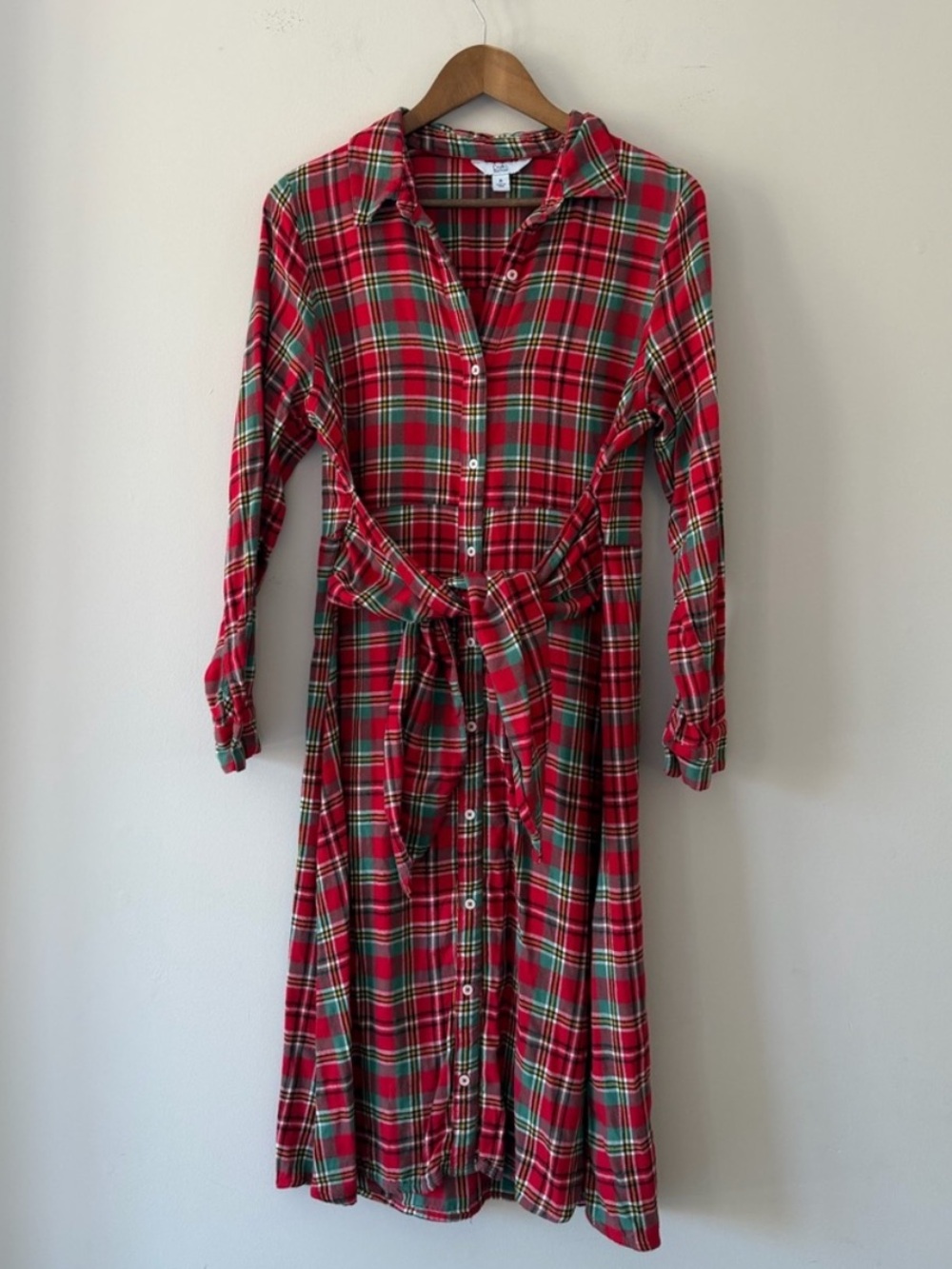 Croft & Barrow Red and Green Plaid Long Sleeve Dress with Waist Tie Size Medium